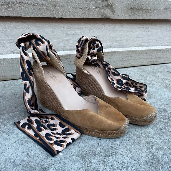 Jo Mercer Womens High Heel Rattan Wedge Tan Suede Shoes Leopard Strap 39/8 - Picture 1 of 4